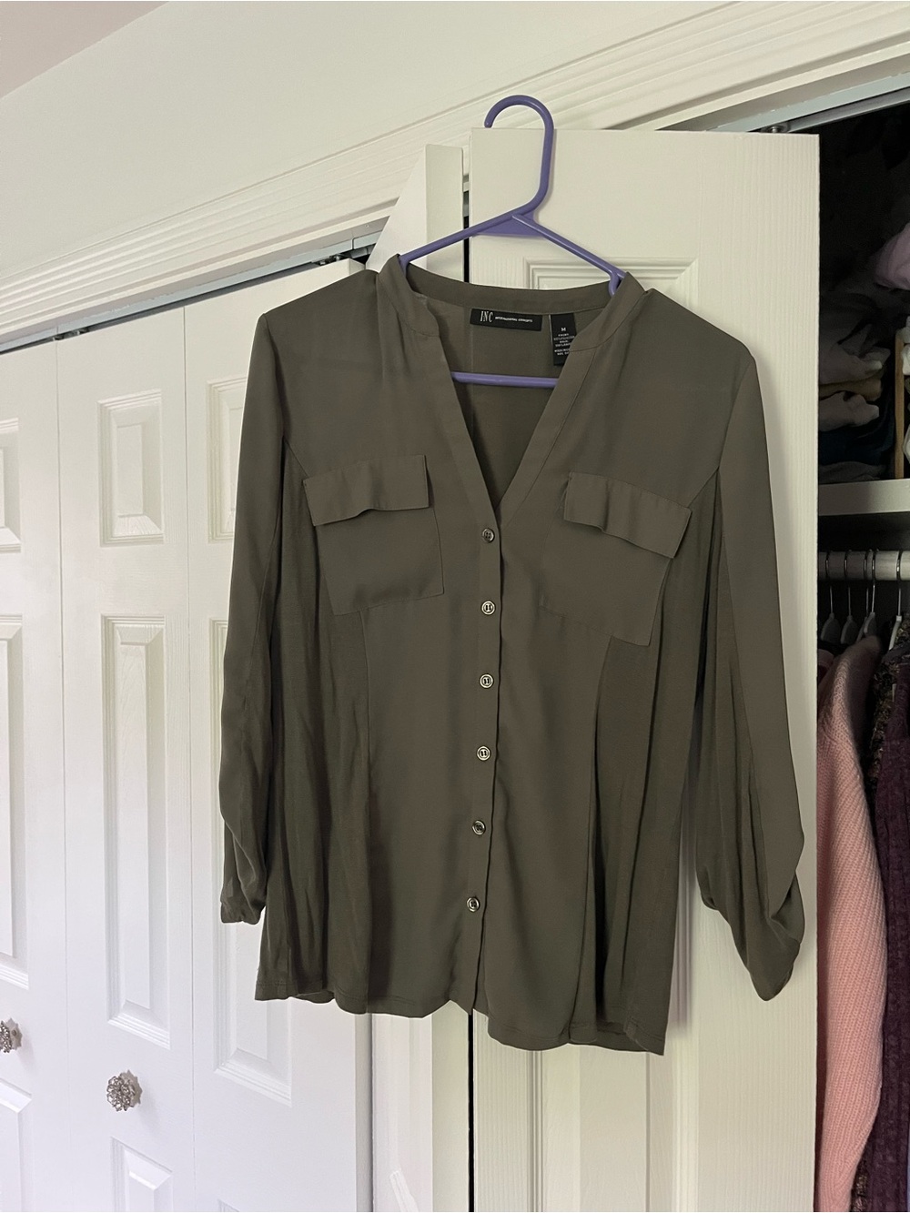 INC International Concepts Olive Green Button-Front Blouse